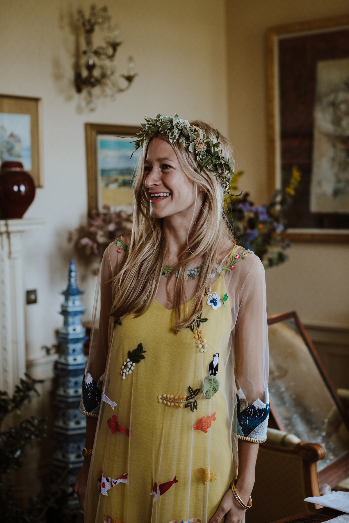 Yellow floral embroidered dress Scottish wedding Caro Weiss Photography 23