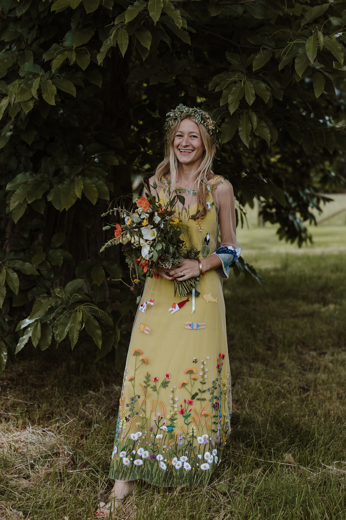 Yellow floral embroidered dress Scottish wedding Caro Weiss Photography 32