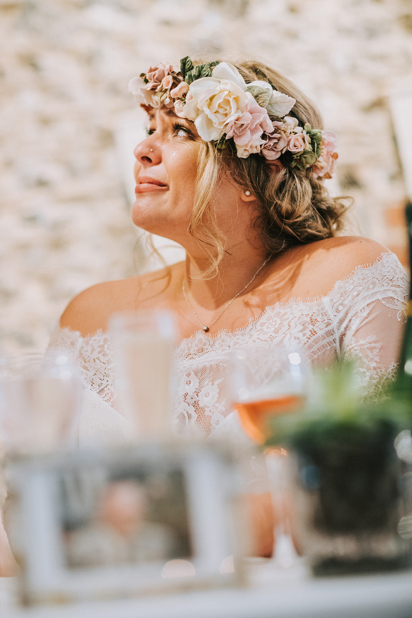 01 bride crying at her reception during speeches - An Upwaltham Barn Wedding in West Sussex + a Bride in Lace Sleeved Augusta Jones 01 bride crying at her reception during speeches