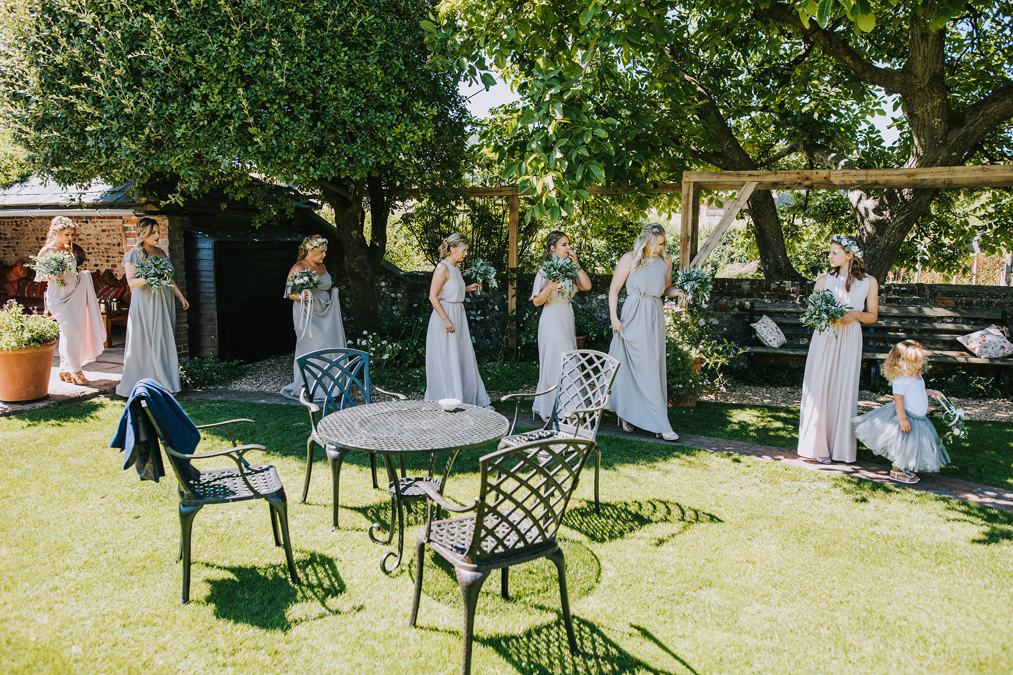 01 bridesmaids in soft grey - An Upwaltham Barn Wedding in West Sussex + a Bride in Lace Sleeved Augusta Jones 01 bridesmaids in soft grey