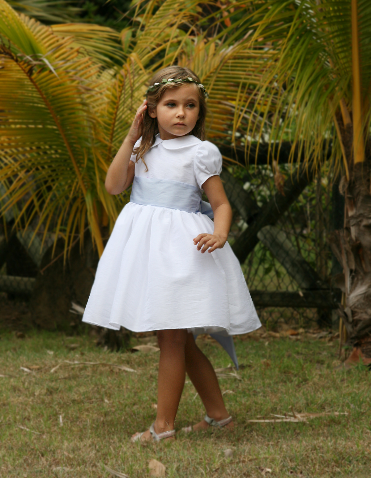 1 Little Eglantine Ambre peter pan collar puff sleeves white lavender blue knee length flower girl dress