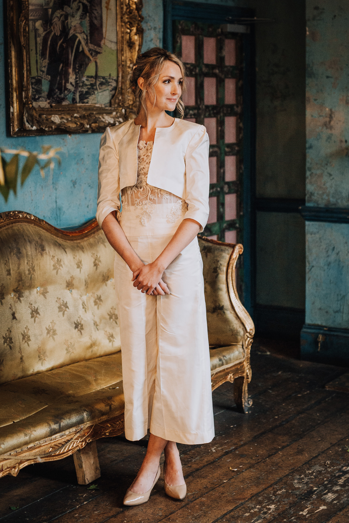 Bride in trouser suit and crop jacket