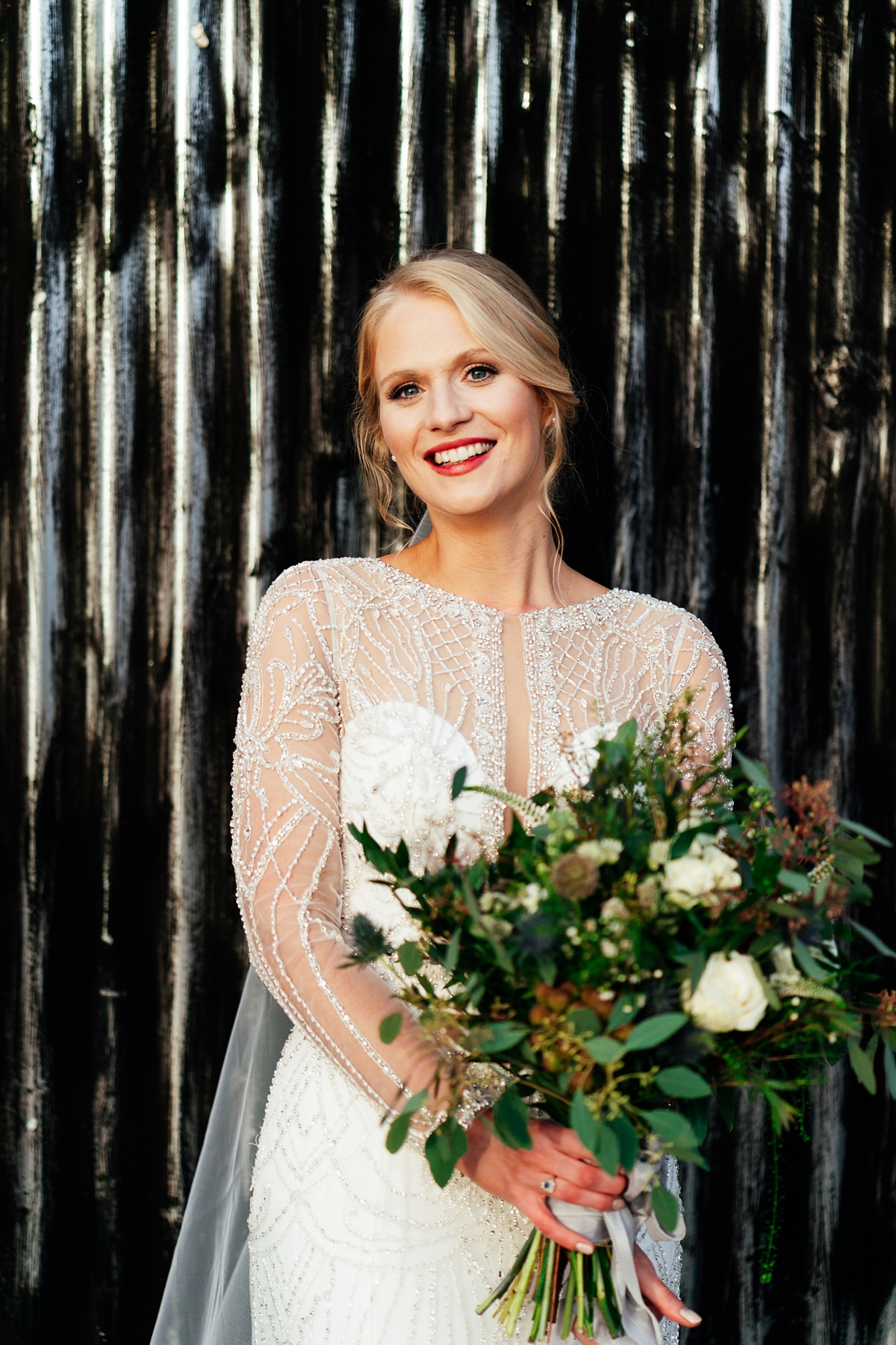 37 Justin Alexander bride celstial inspired winter barn wedding