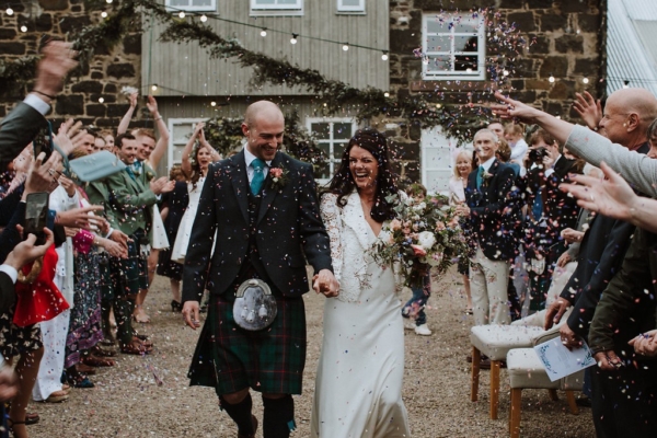 A Lace Bridal Jacket + Tying Of The Tartan for a Festival Vibes Outdoor Spring Wedding in Scotland