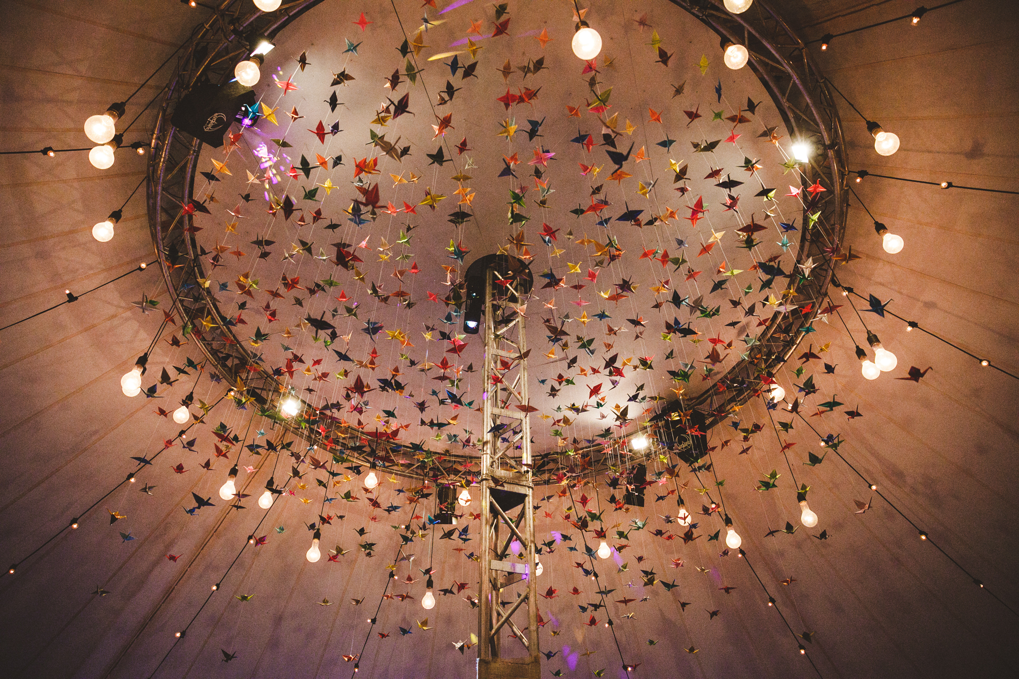 01 Paper cranes colourful wedding lights tent