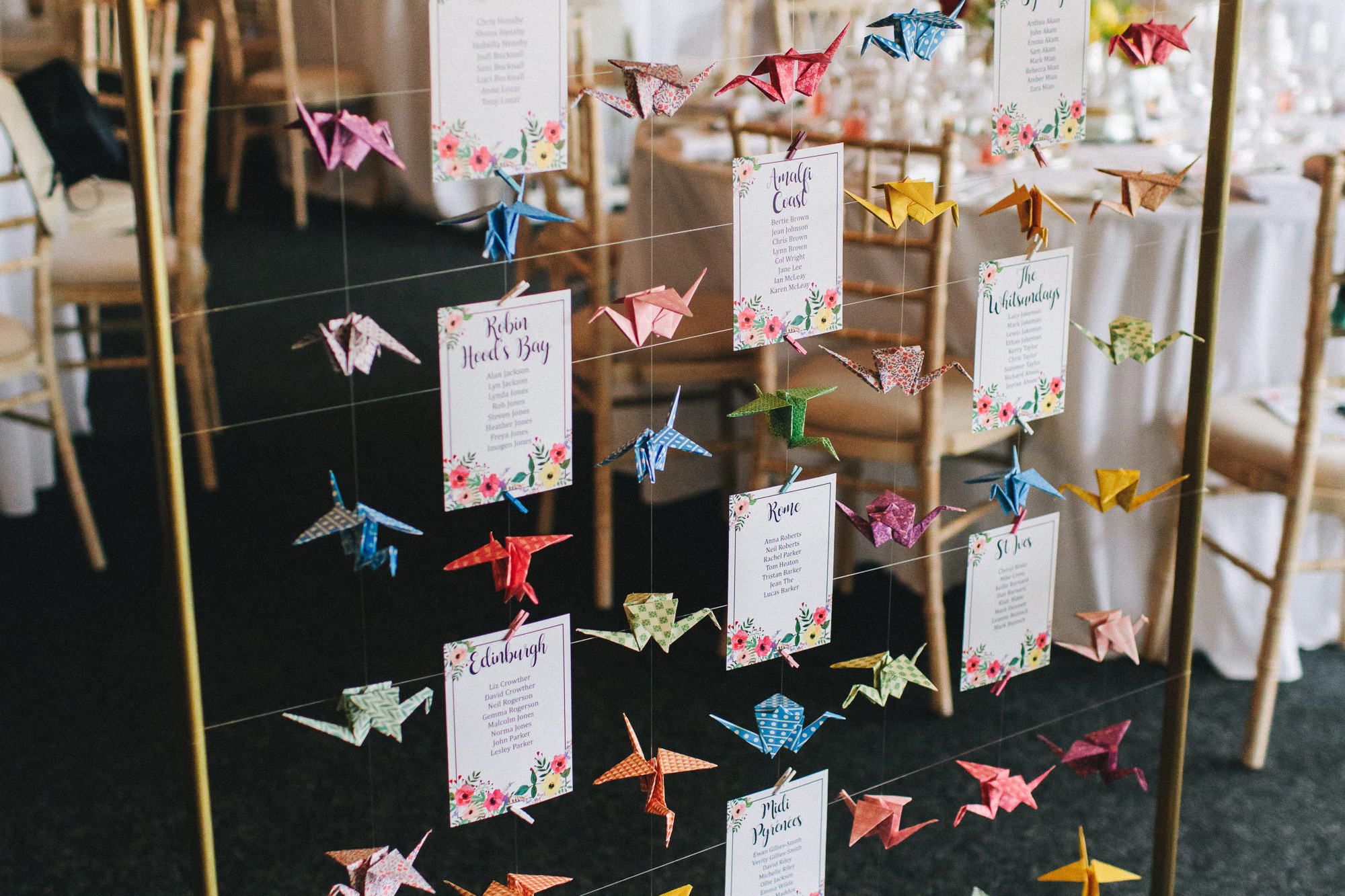 colourful paper craines wedding decor