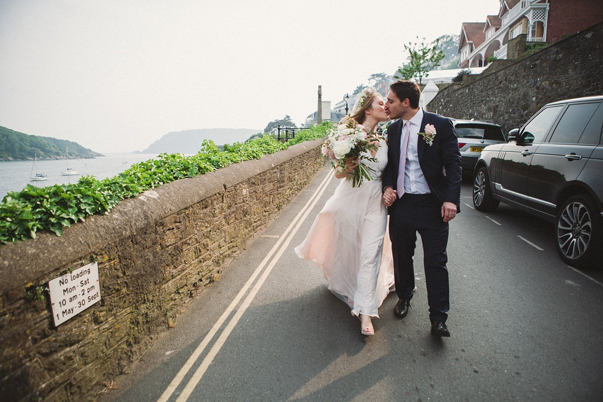 Catherine Deane blush pink dress Devon wedding by the sea 16