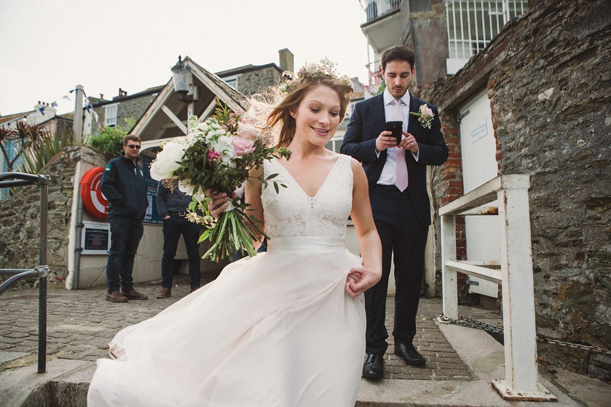 Catherine Deane blush pink dress Devon wedding by the sea 19