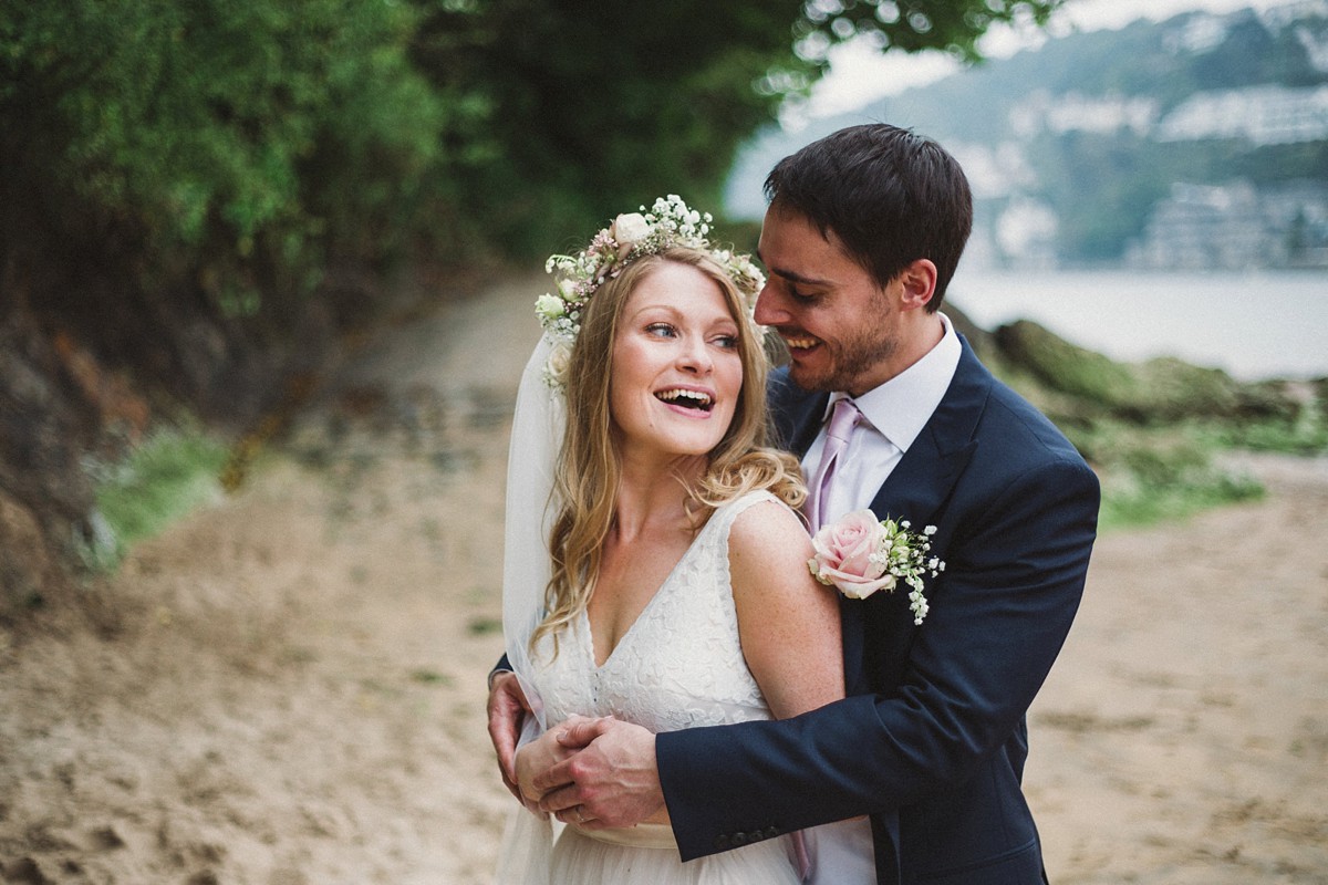 Catherine Deane blush pink dress Devon wedding by the sea 22