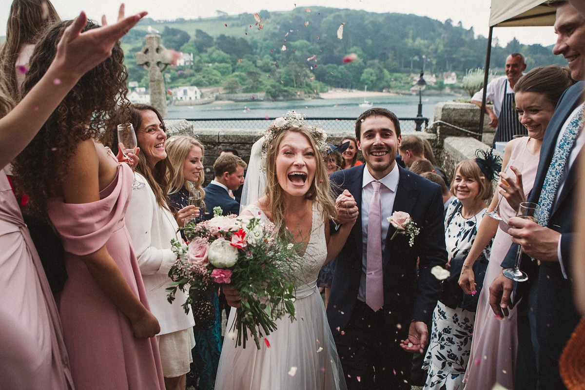 Catherine Deane blush pink dress Devon wedding by the sea 25