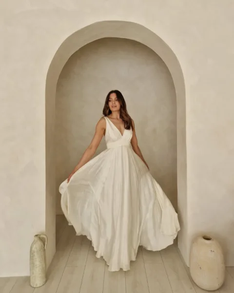 Model wearing a modern bohemian wedding dress.