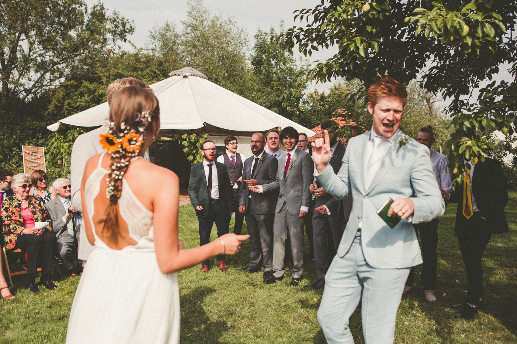 36 Silent disco sunflowers September yurt wedding