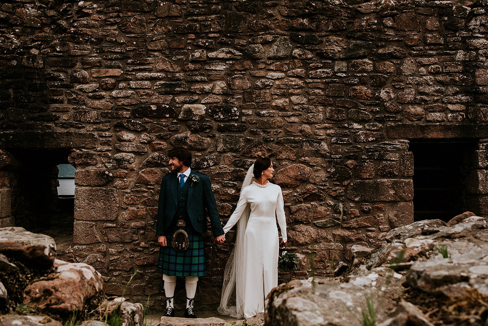 Charlie Brear dress Loch Ness wedding Scotland  - A Charlie Brear Long Sleeved Dress For An Idyllic Wedding at Urquhart Castle Ruins, Overlooking Loch Ness