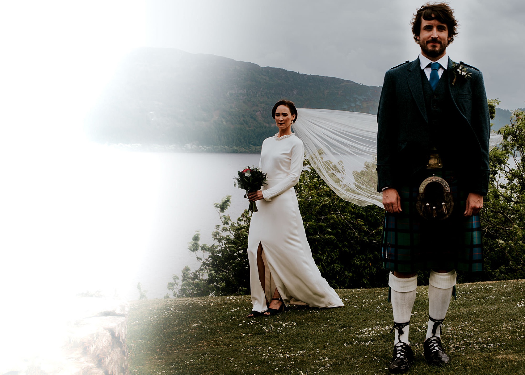 Charlie Brear dress Loch Ness wedding Scotland  - A Charlie Brear Long Sleeved Dress For An Idyllic Wedding at Urquhart Castle Ruins, Overlooking Loch Ness