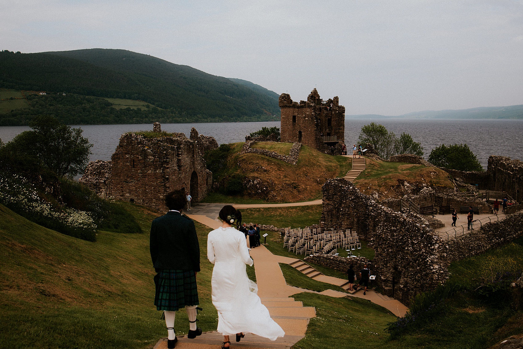 Charlie Brear dress Loch Ness wedding Scotland  - A Charlie Brear Long Sleeved Dress For An Idyllic Wedding at Urquhart Castle Ruins, Overlooking Loch Ness