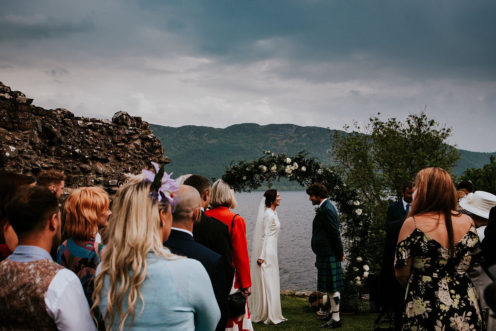 Charlie Brear dress Loch Ness wedding Scotland  - A Charlie Brear Long Sleeved Dress For An Idyllic Wedding at Urquhart Castle Ruins, Overlooking Loch Ness