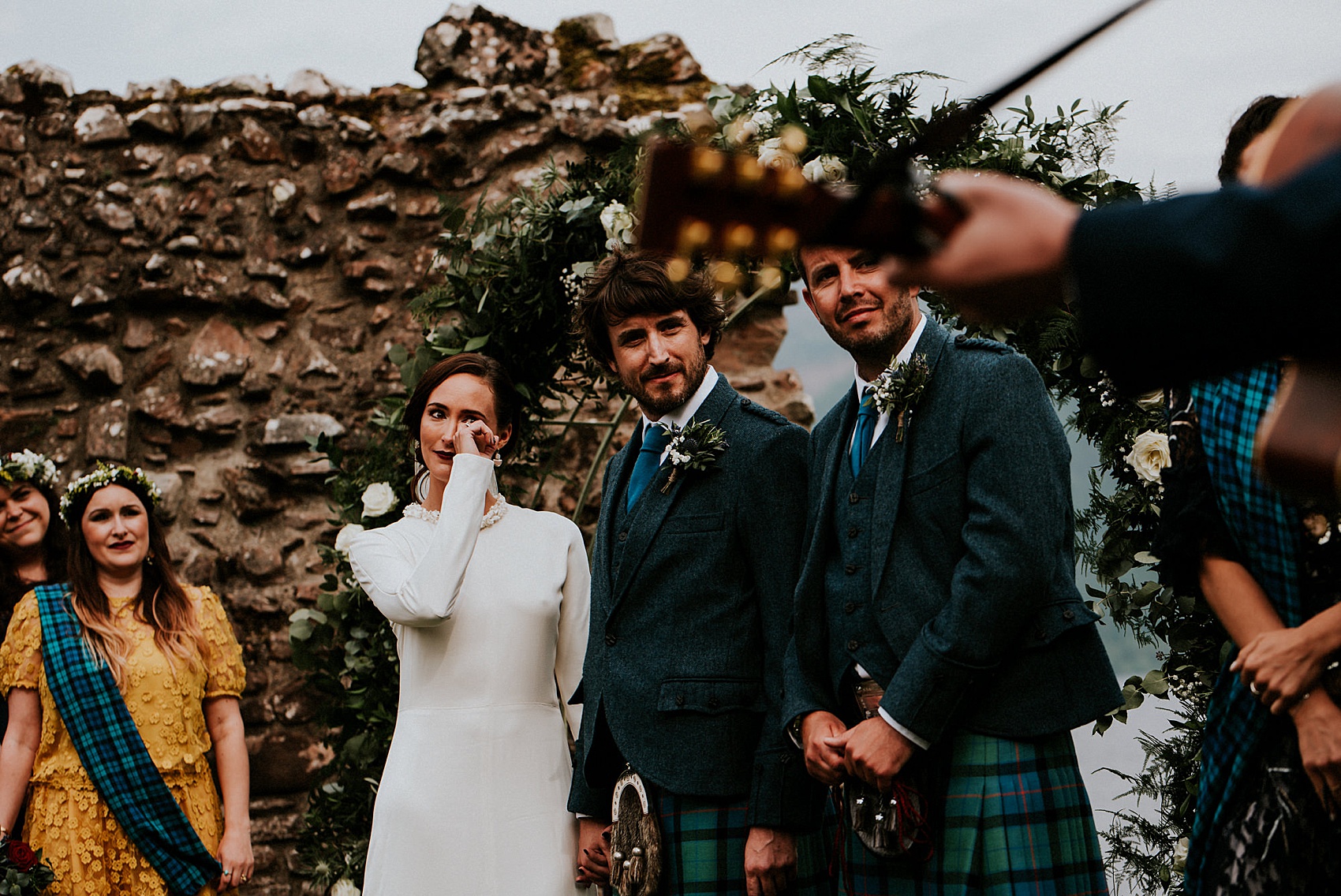 Charlie Brear dress Loch Ness wedding Scotland  - A Charlie Brear Long Sleeved Dress For An Idyllic Wedding at Urquhart Castle Ruins, Overlooking Loch Ness