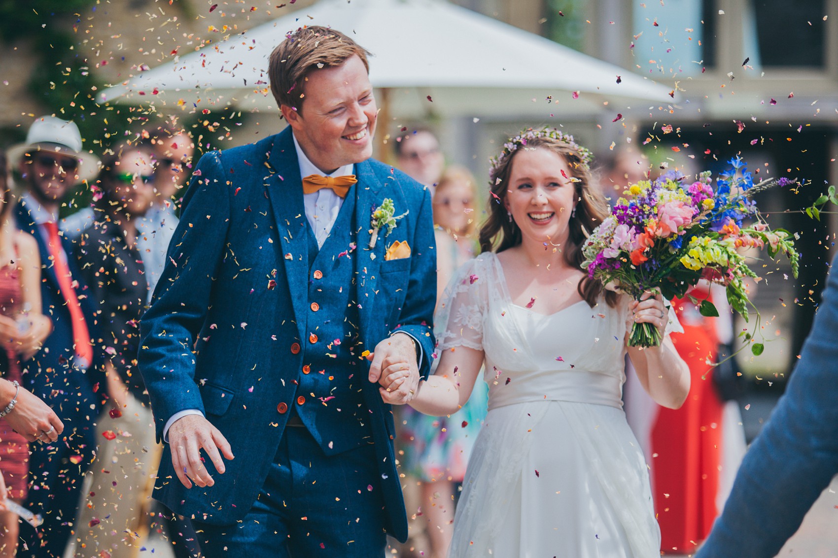 Charlie Brear dress colourful summer garden party wedding Caswell House 22