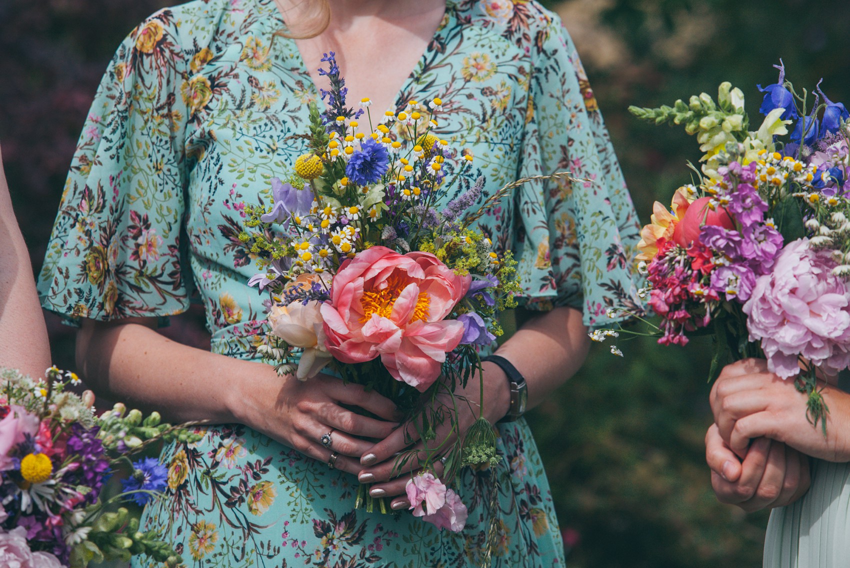 Charlie Brear dress colourful summer garden party wedding Caswell House 23