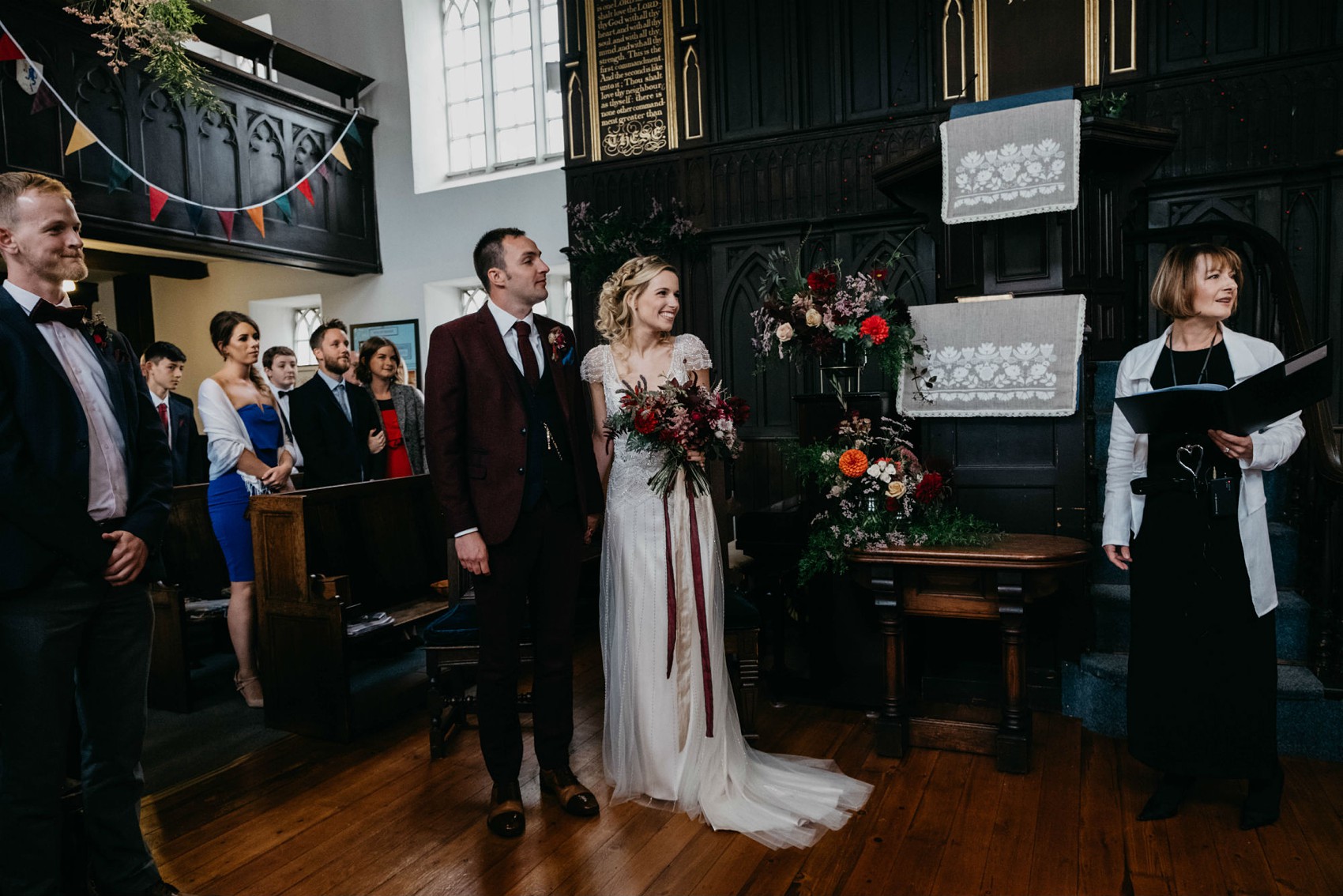 Maggie Sottero beaded dress colourful village hall wedding 24