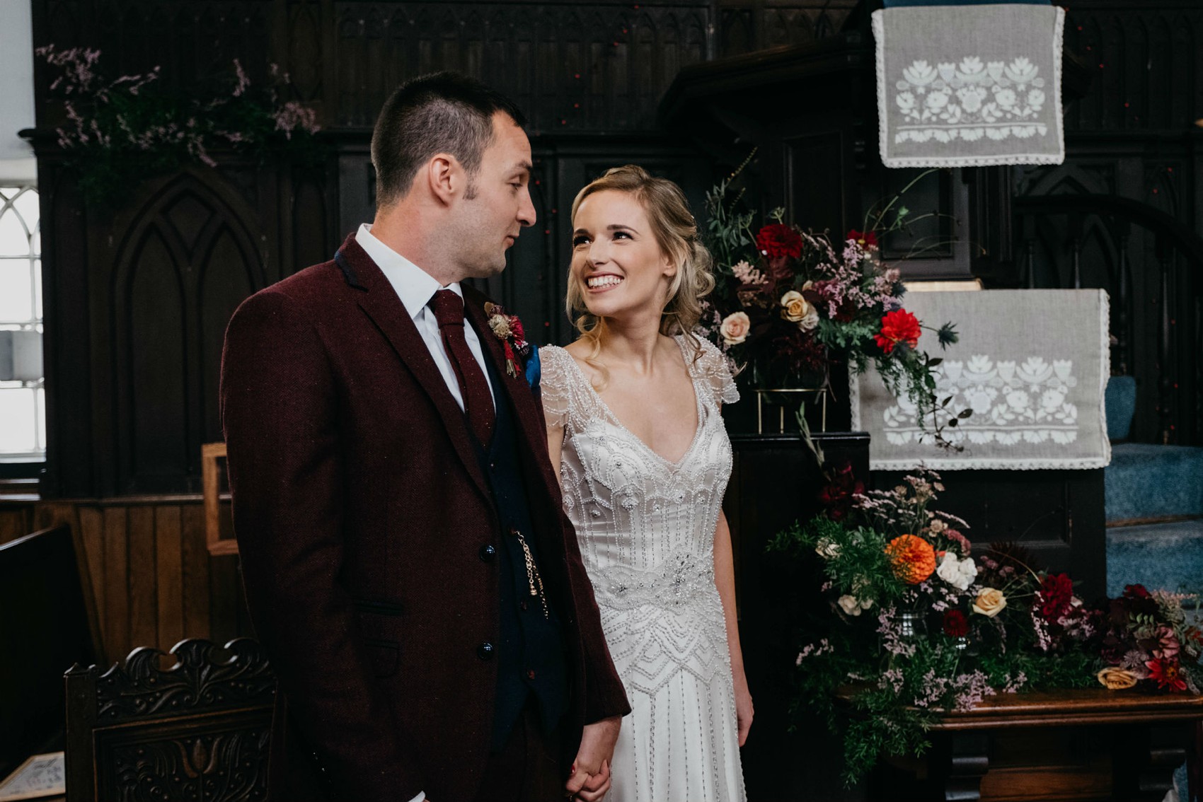 Maggie Sottero beaded dress colourful village hall wedding 26