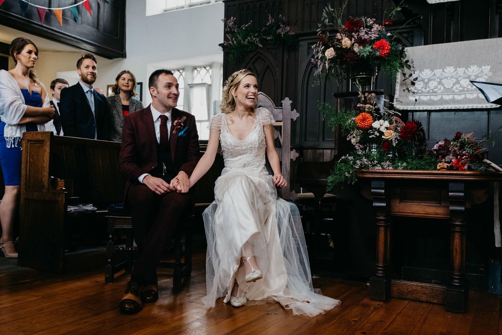 Maggie Sottero beaded dress colourful village hall wedding 28