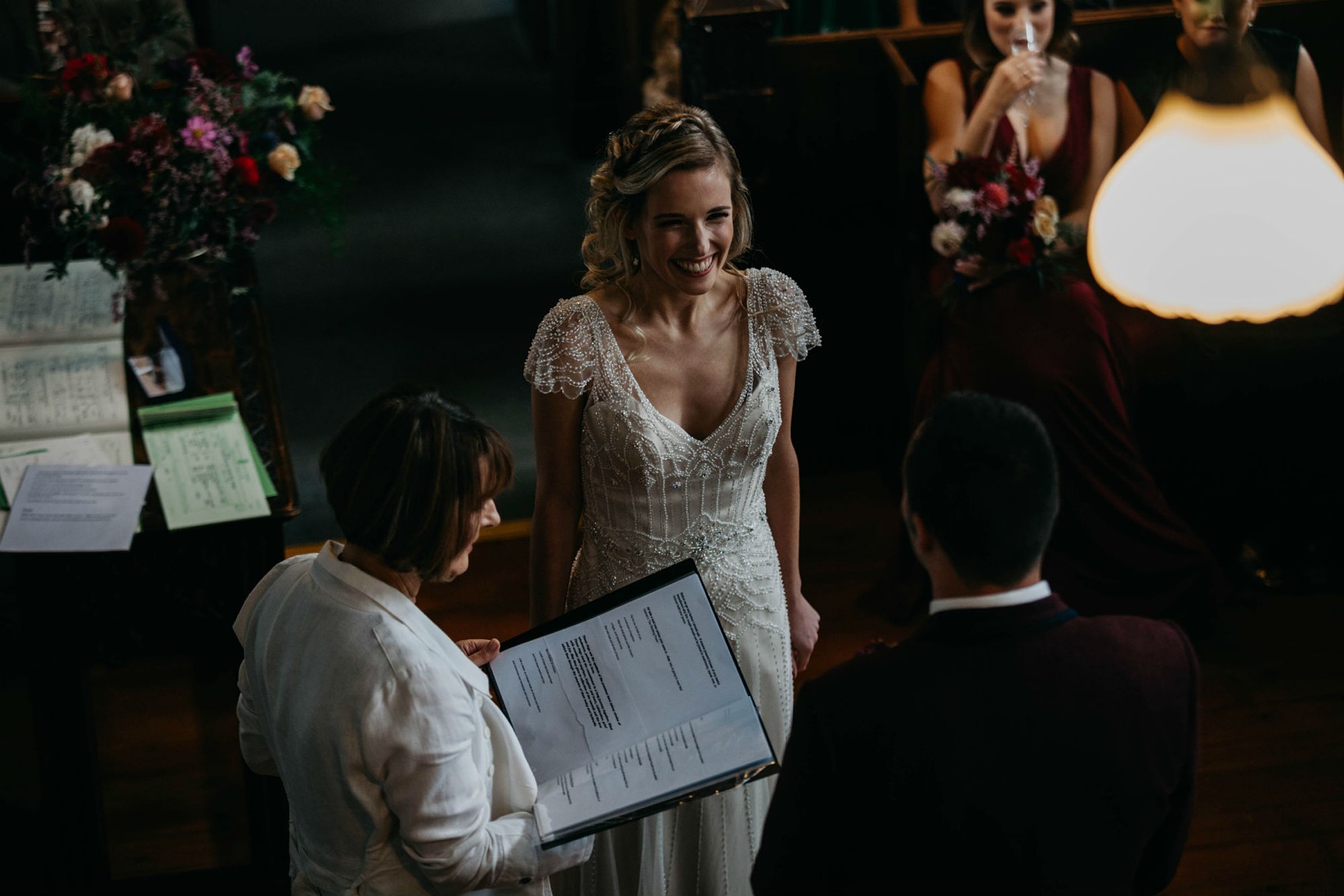 Maggie Sottero beaded dress colourful village hall wedding 29