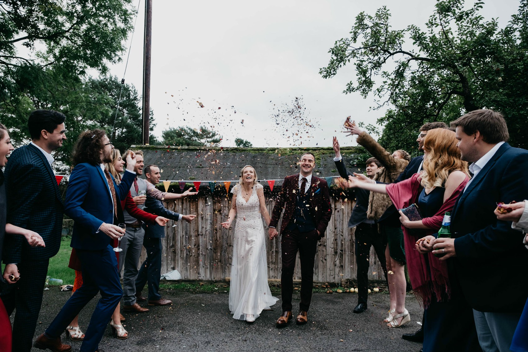 Maggie Sottero beaded dress colourful village hall wedding 54