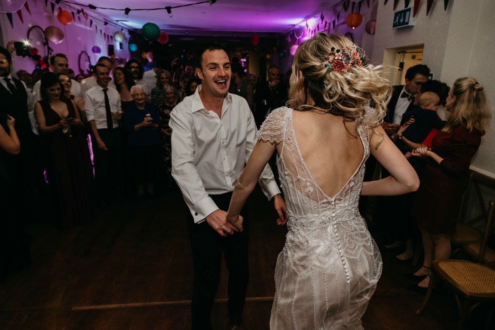 Maggie Sottero beaded dress colourful village hall wedding 73