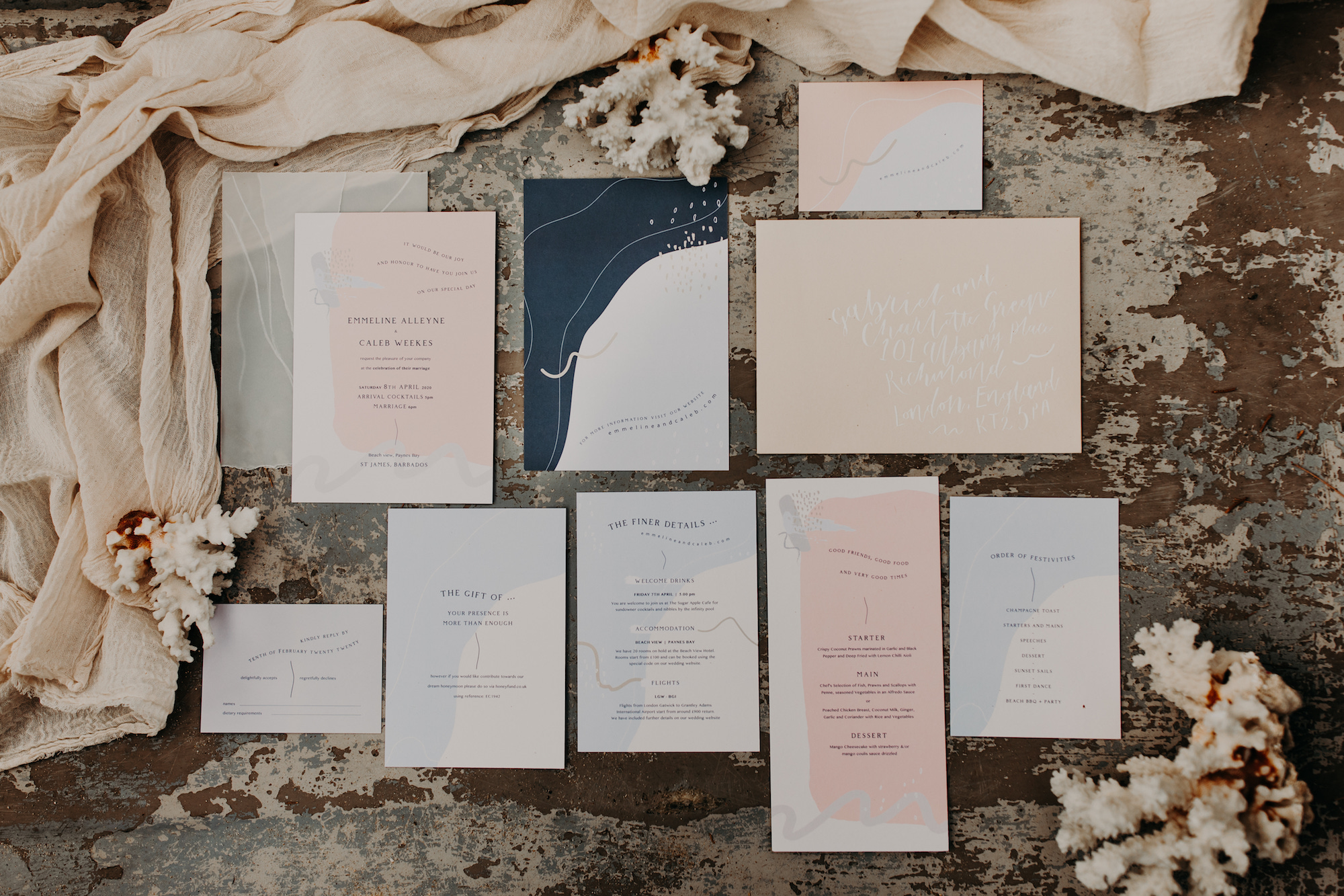 Stylish modern beach inspired wedding stationery