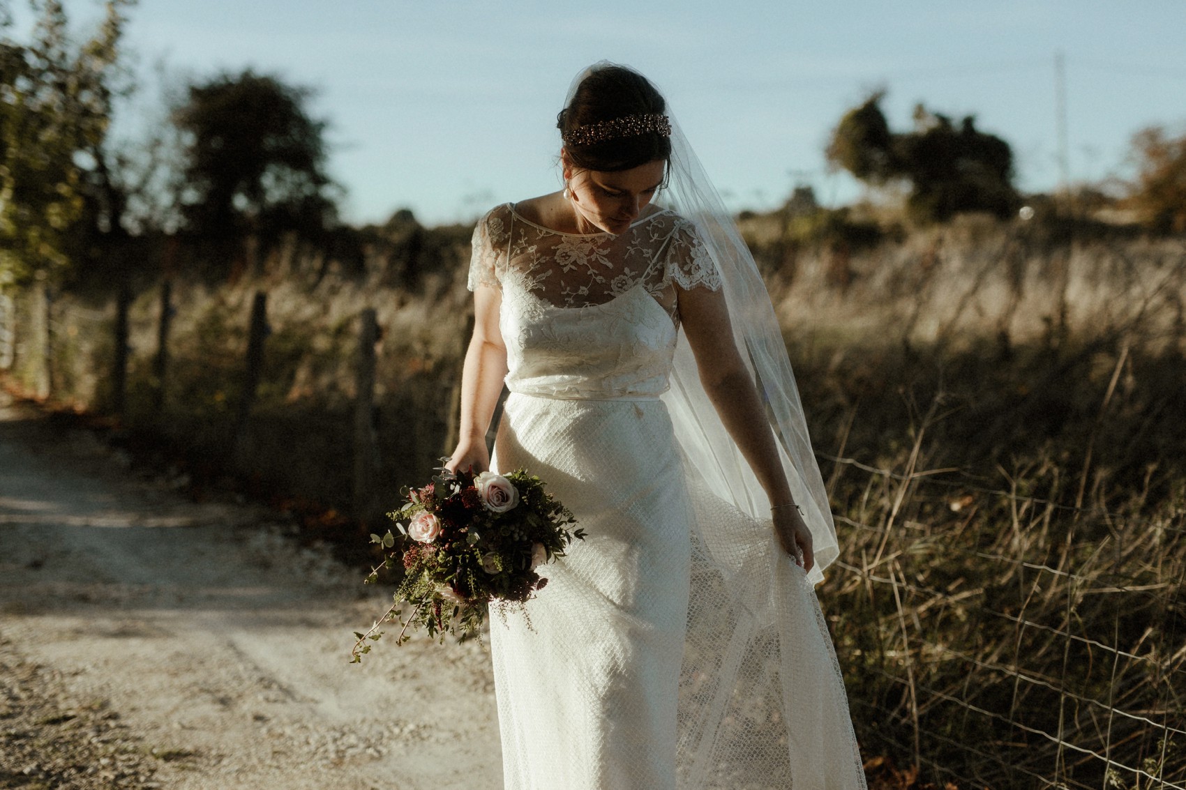  Halfpenny London bride Autumn marquee wedding - A Halfpenny London Dress + Hermione Harbutt Hairband for a Festoon Lights Marquee Wedding at the Family Home