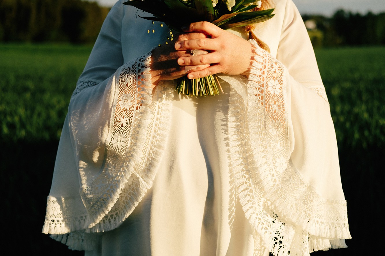  Indiebride London boho s short ethical wedding dress - A 1970's Boho Style  + Ethical Mini Dress by Indiebride London for a Colourful + Rustic Summer Barn Wedding in Norway