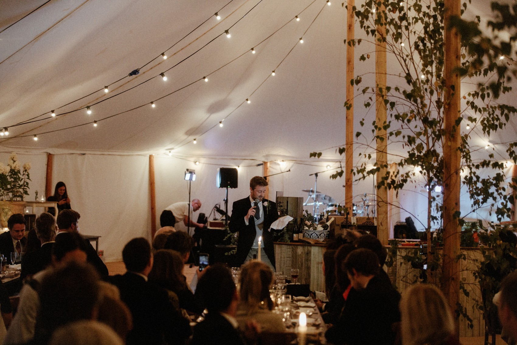  Halfpenny London bride Autumn marquee wedding - A Halfpenny London Dress + Hermione Harbutt Hairband for a Festoon Lights Marquee Wedding at the Family Home