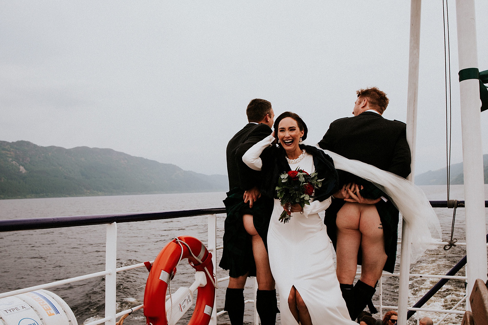 Bare bums in kilts cheeky groom bestman - A Charlie Brear Long Sleeved Dress For An Idyllic Wedding at Urquhart Castle Ruins, Overlooking Loch Ness