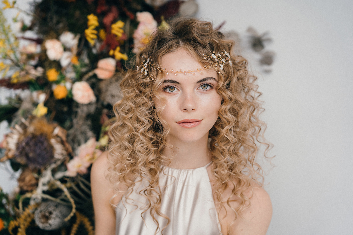 Curly haired bride Coralie hairvine by debbiecarlisle.com £ - How To Style Wedding Hair Accessories With Curly Hair, Debbie Carlisle + Top Hair Care Tips for Curly Haired Brides