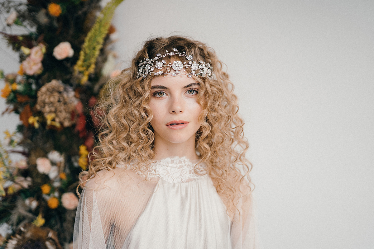 Curly haired bride Cressida by debbiecarlisle.com £ - How To Style Wedding Hair Accessories With Curly Hair, Debbie Carlisle + Top Hair Care Tips for Curly Haired Brides