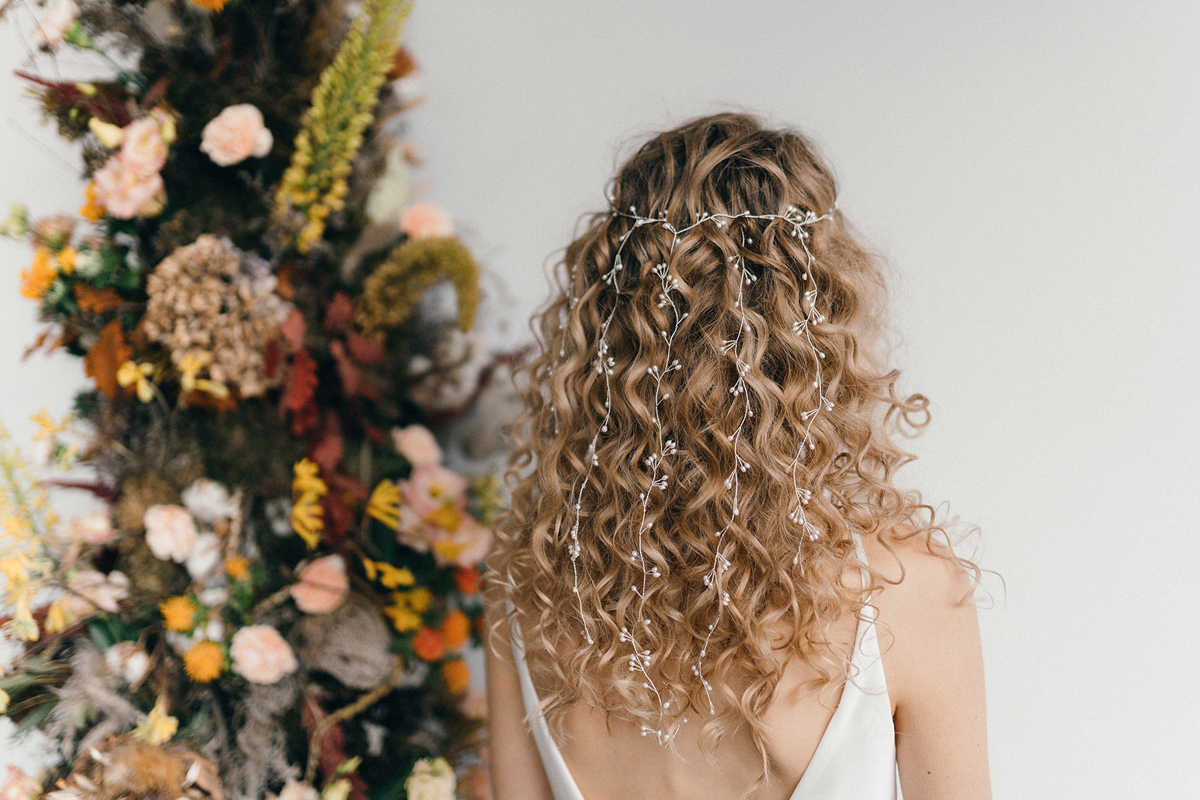 Curly haired bride Elise waterfall hairvine by debbiecarlisle.com £495