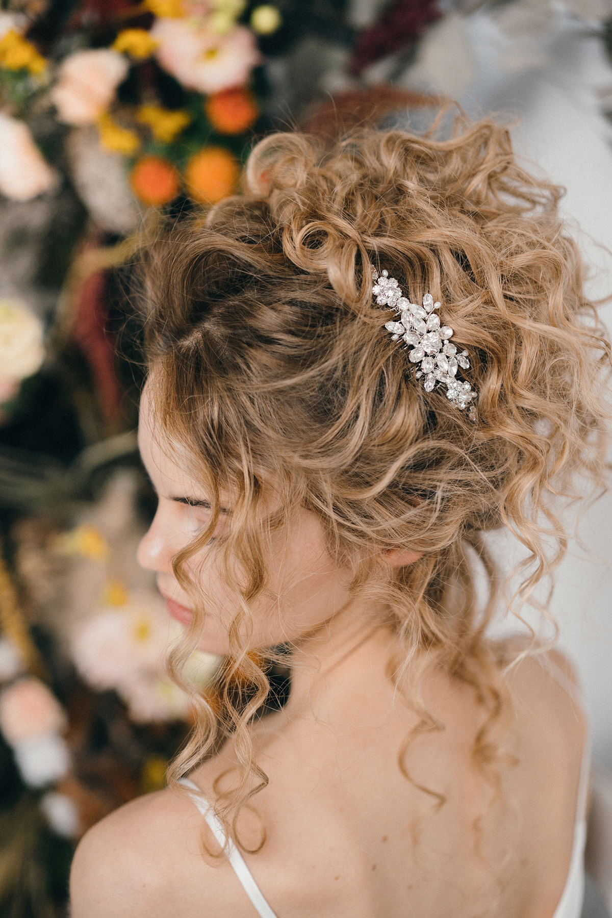 Curly haired bride Elsa by debbiecarlisle.com £ - How To Style Wedding Hair Accessories With Curly Hair, Debbie Carlisle + Top Hair Care Tips for Curly Haired Brides