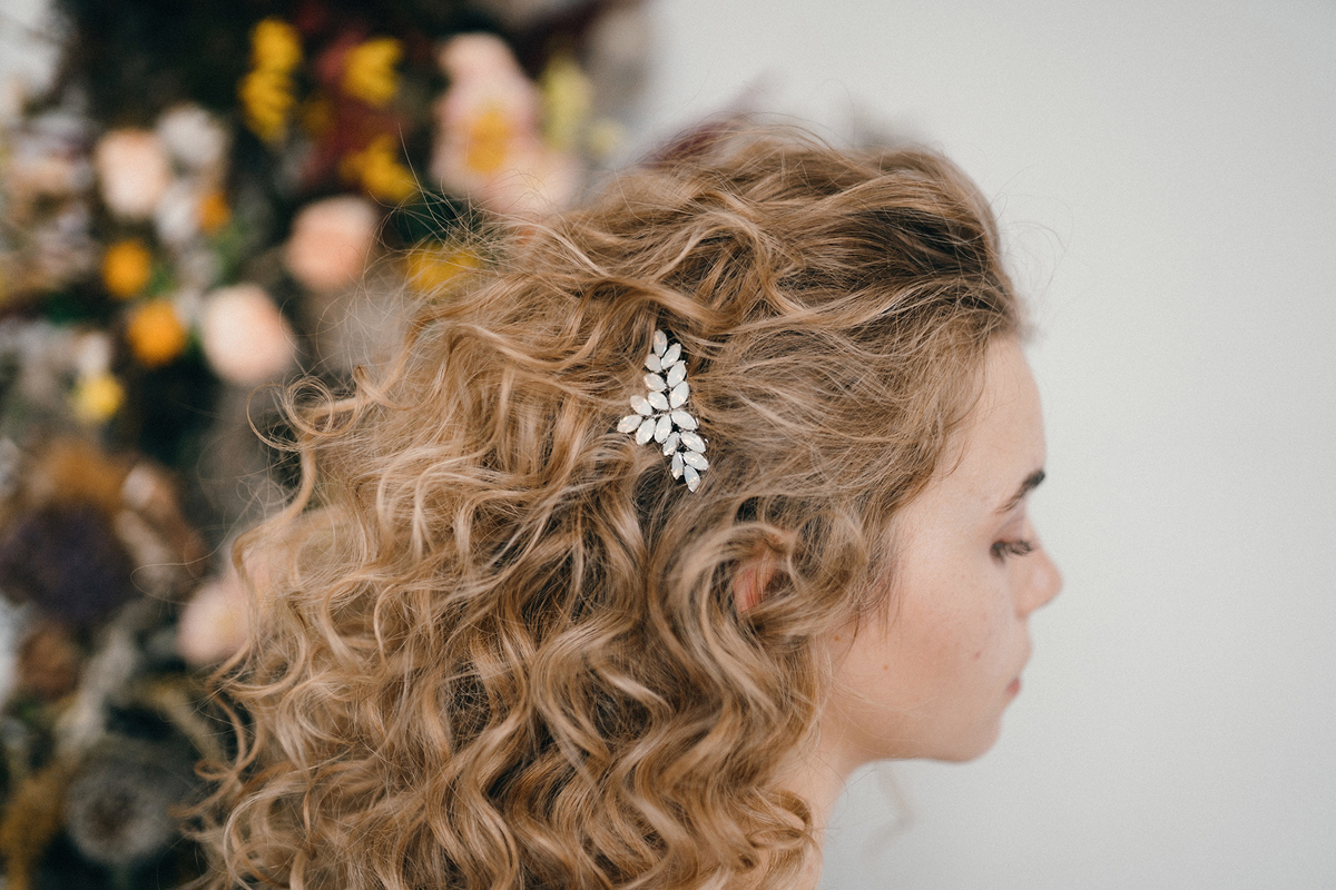 Curly haired bride Opal Swarovski crystal Luna comb by debbiecarlisle.com £ - How To Style Wedding Hair Accessories With Curly Hair, Debbie Carlisle + Top Hair Care Tips for Curly Haired Brides