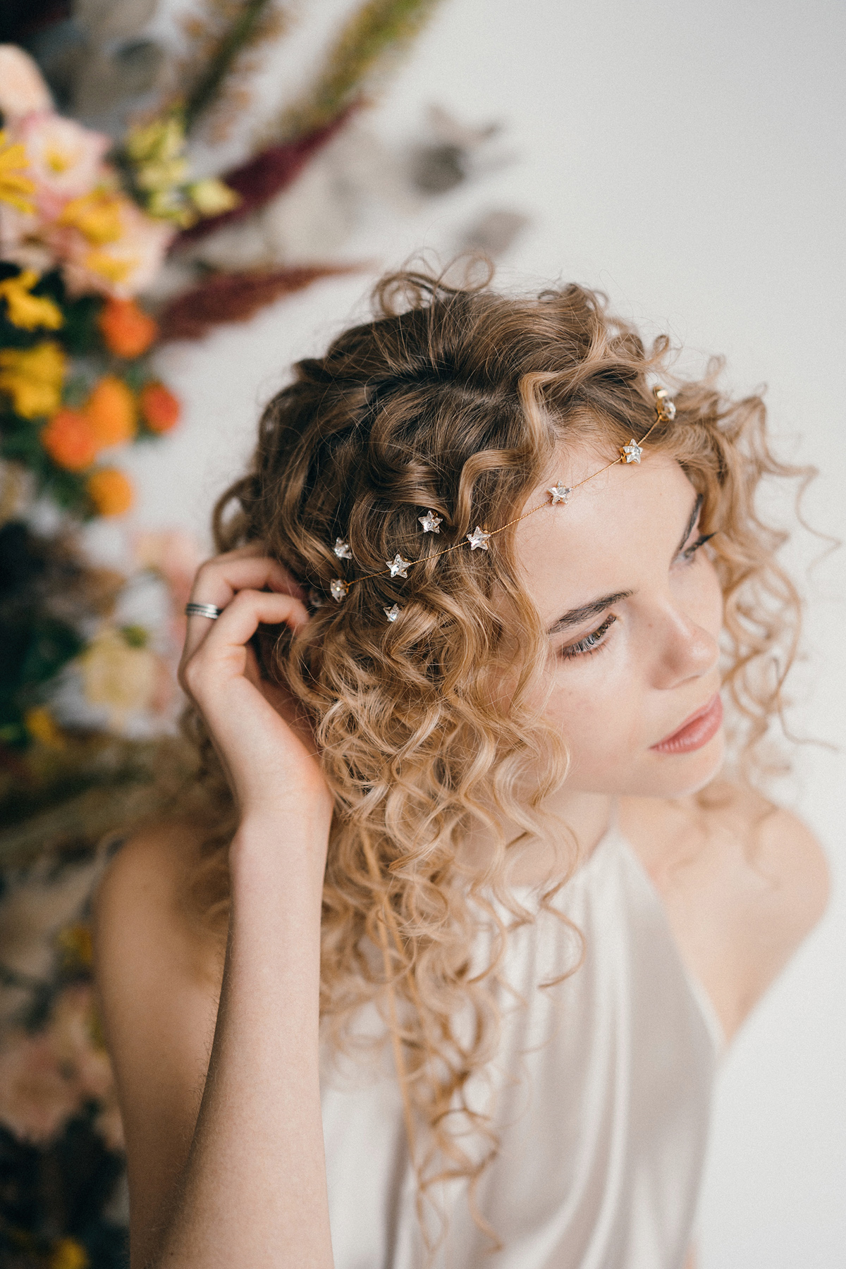 Curly haired bride Star gold Swarovski headband by debbiecarlisle.com £145 with three matching gold star hairpins £60