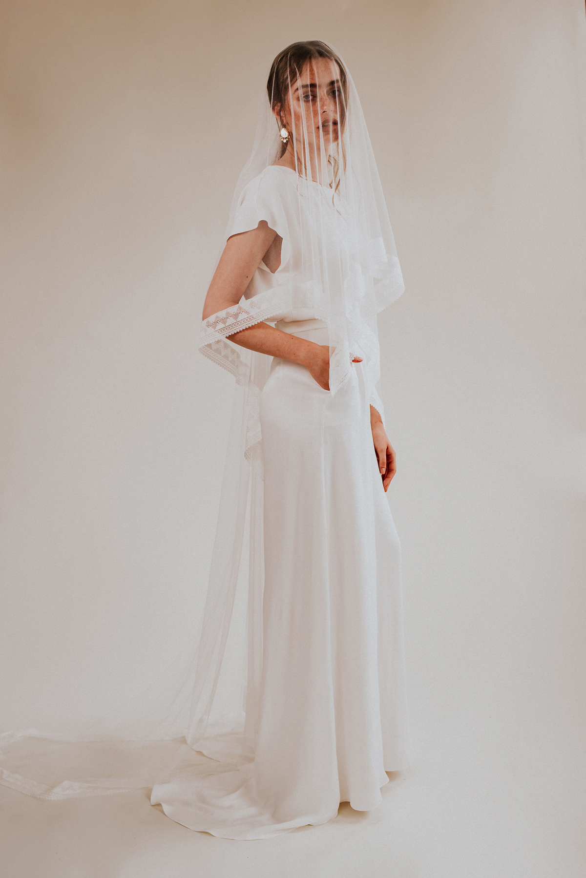 Rolling in Roses wedding dress The Beloved Trousers Sappho Veil Maiden Top - Rolling in Roses - Sustainable + Ethical Wedding Dresses Using Eco-Friendly Fabric + Peace Silk, for the Modern and Wildly Romantic Bride