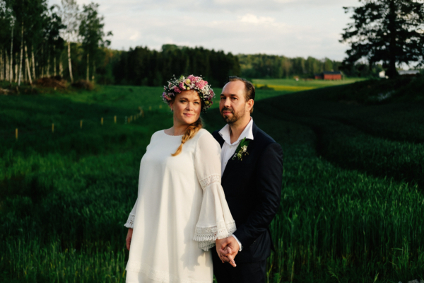 A 1970’s Boho Style  + Ethical Mini Dress by Indiebride London for a Colourful + Rustic Summer Barn Wedding in Norway