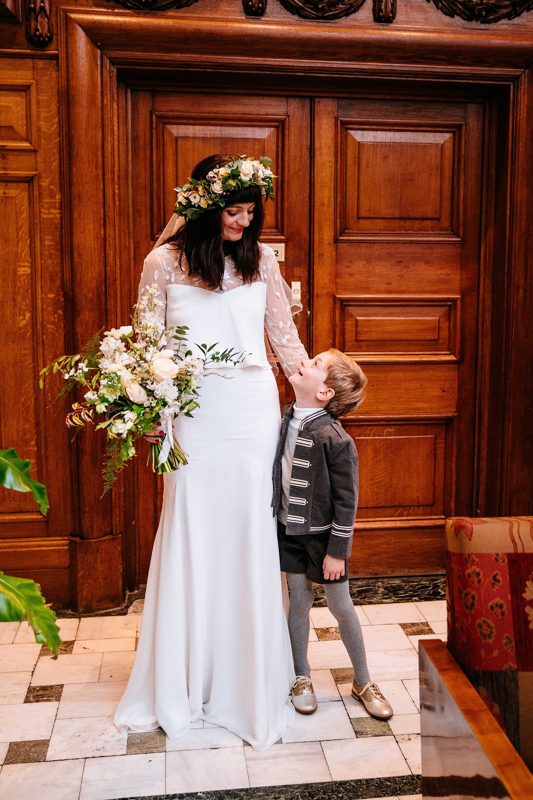  Wiltons Hall Wedding Bo Luca bride - A Bo & Luca Bride in a Floral Crown for a Beautiful, Blended Family Wedding at Wilton's Music Hall