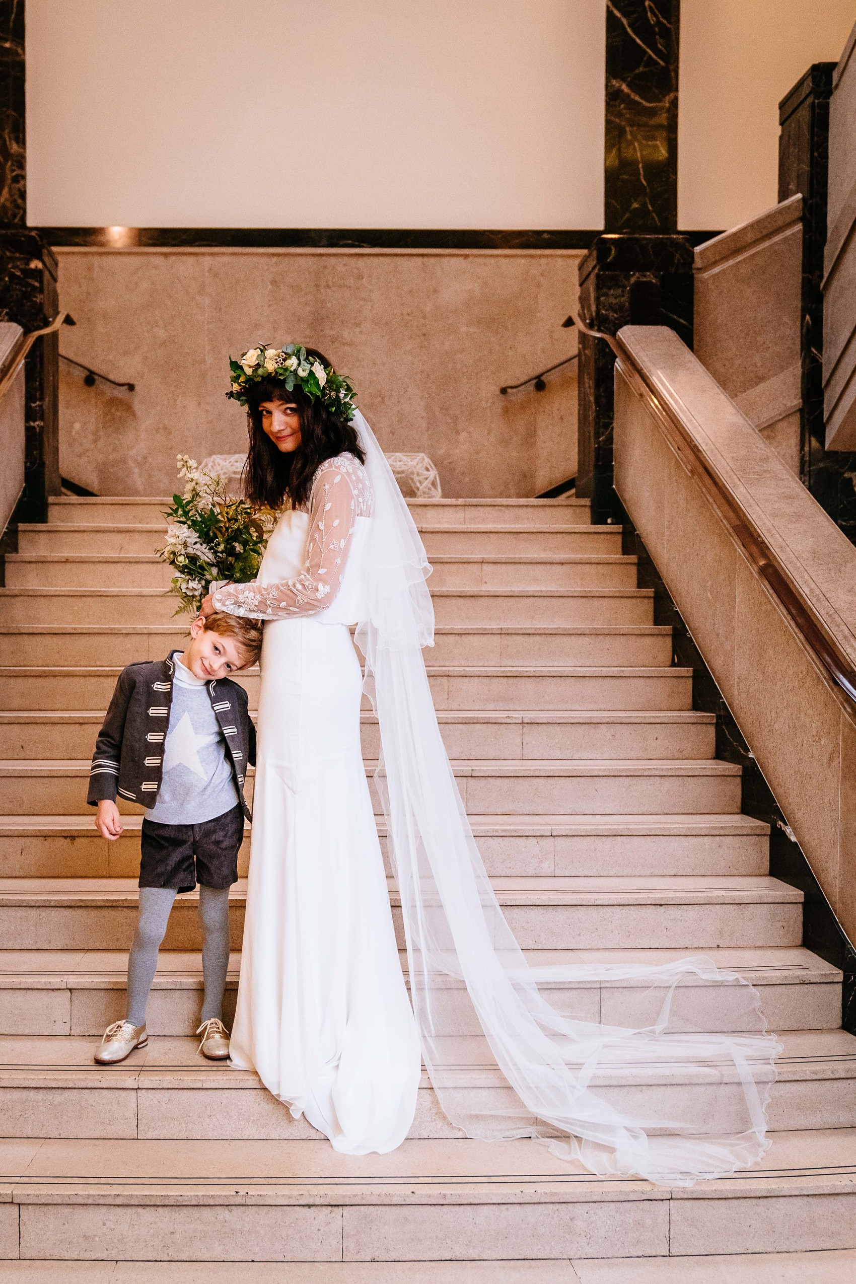  Wiltons Hall Wedding Bo Luca bride - A Bo & Luca Bride in a Floral Crown for a Beautiful, Blended Family Wedding at Wilton's Music Hall