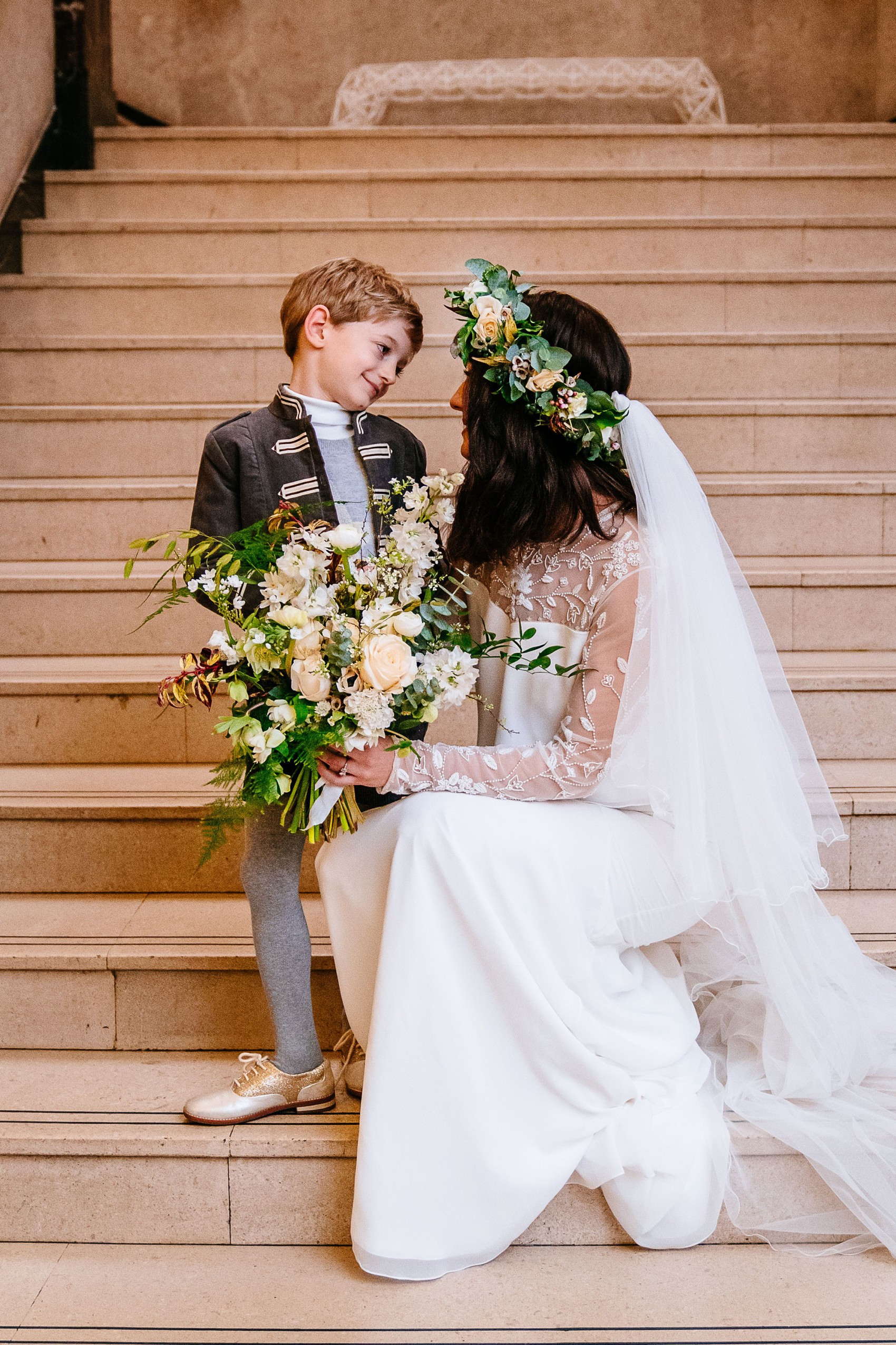  Wiltons Hall Wedding Bo Luca bride - A Bo & Luca Bride in a Floral Crown for a Beautiful, Blended Family Wedding at Wilton's Music Hall