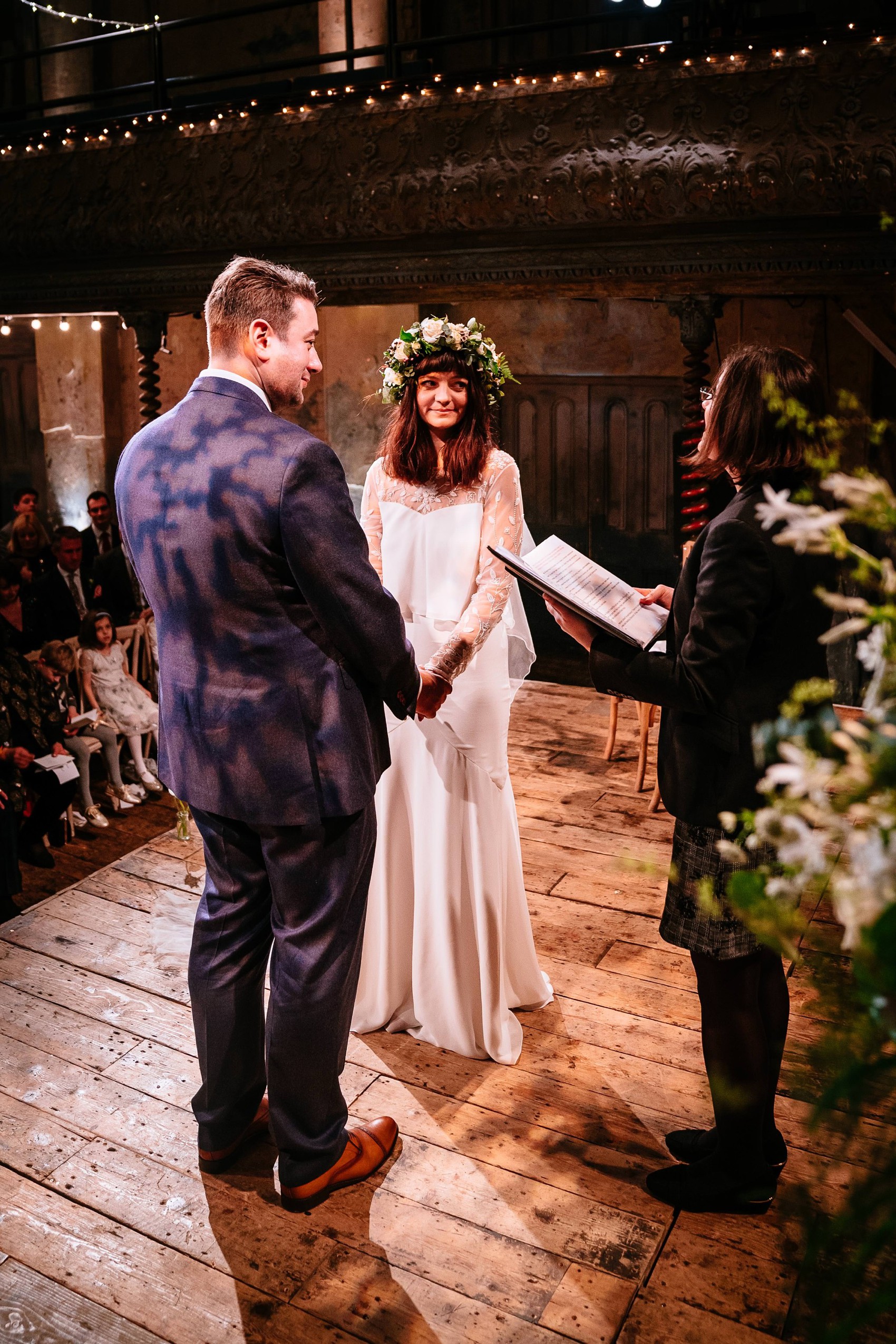  Wiltons Hall Wedding Bo Luca bride - A Bo & Luca Bride in a Floral Crown for a Beautiful, Blended Family Wedding at Wilton's Music Hall