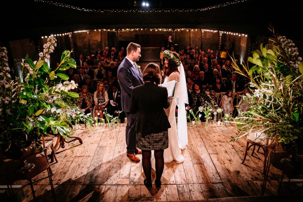 A Bo & Luca Bride in a Floral Crown for a Beautiful, Blended Family Wedding at Wilton's Music Hall 3 30 Wiltons Hall Wedding Bo Luca bride
