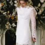 Short lace wedding dress, by Kate Edmondson wedding dress designer, London