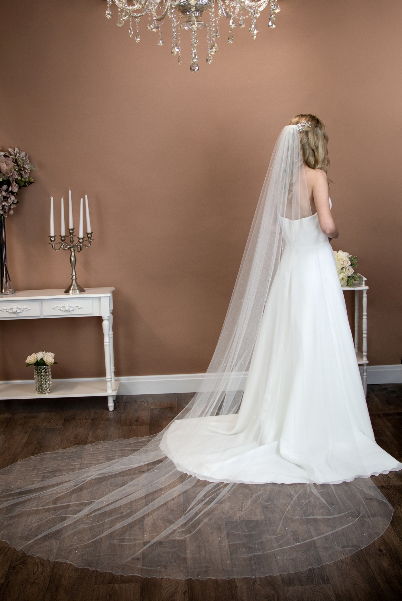 Alexis cathedral length wedding veil with pearls and crystals on bride - The Wedding Veil Shop: Wedding Veil Lengths + Styles for Every Bride