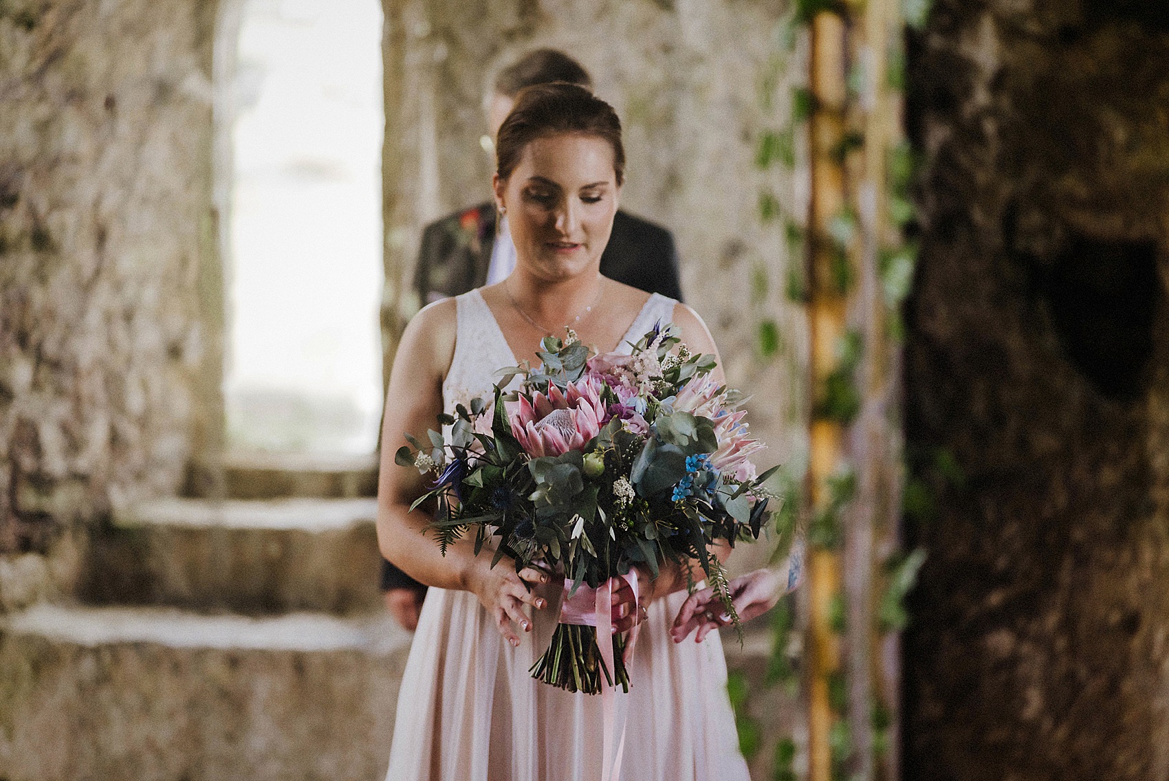 Blush pink Catherine Deane wedding dress  - A Blush Pink Catherine Deane Dress for a Welsh Castle Wedding With 700 Japanese Origami Paper Cranes